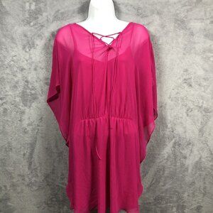 Express Kaftan Dress Womens Size Large Pink Mini Laced Front Beachy Summer Pool